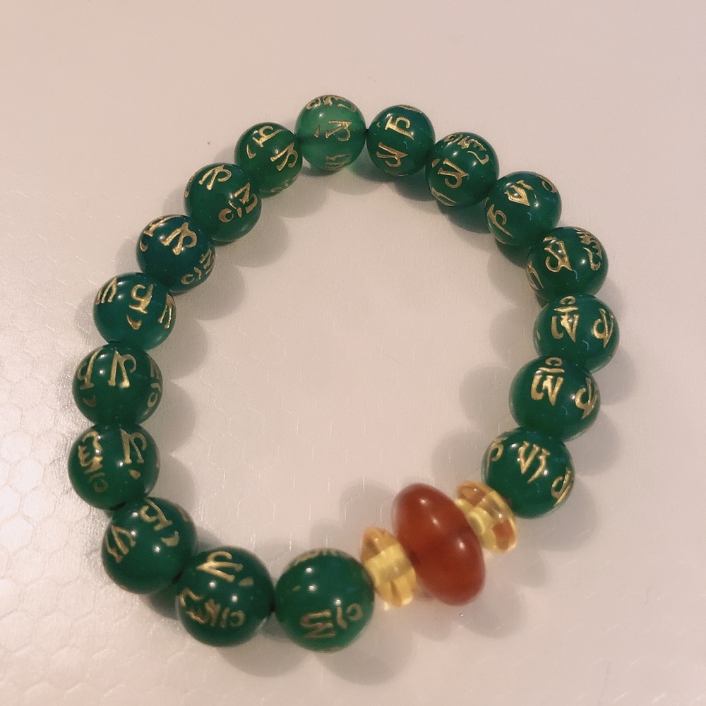 Tibetan script green agate bracelet